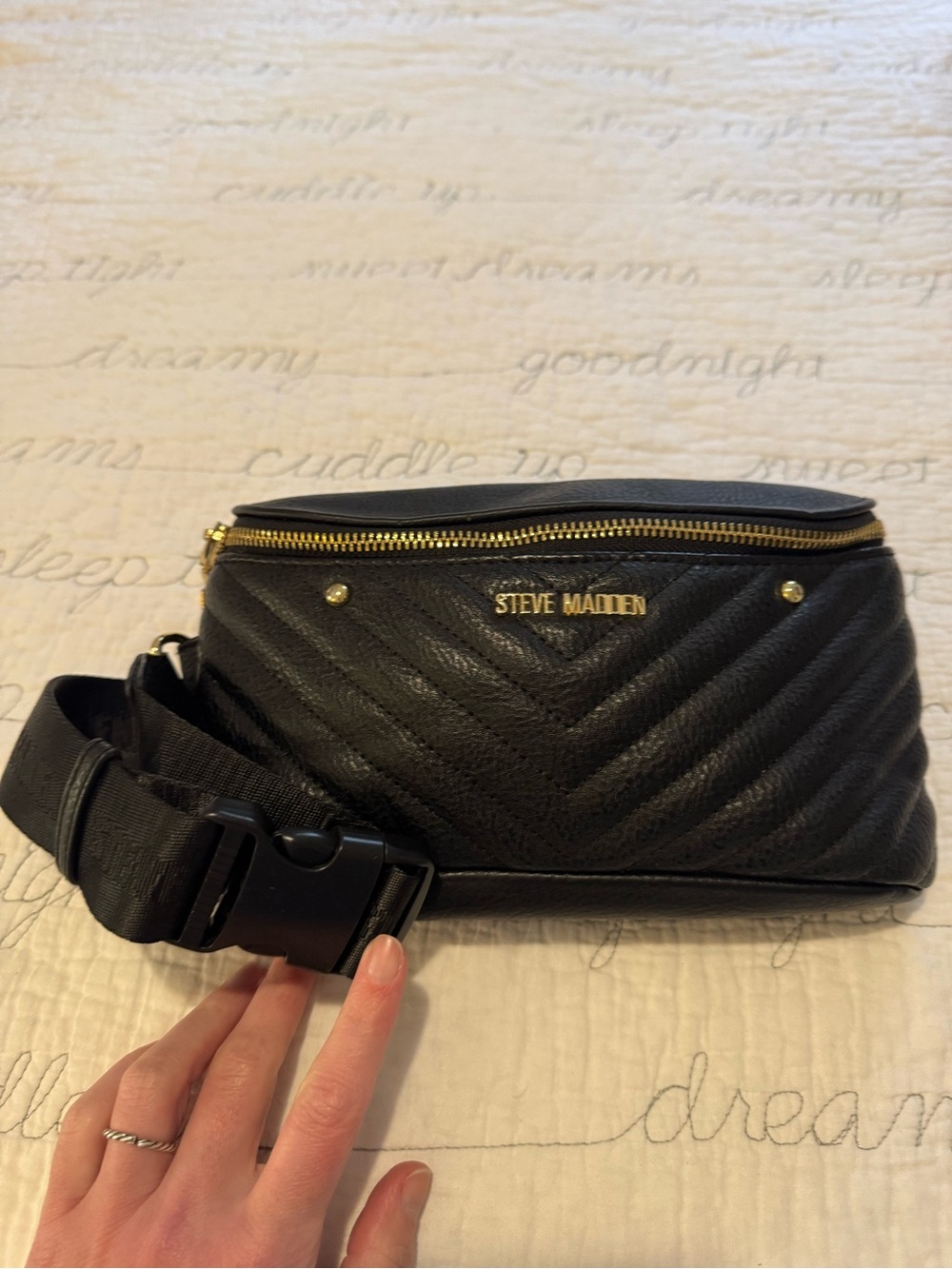 Steve Madden Black Quilted Crossbody Belt Bag with Gold Trim